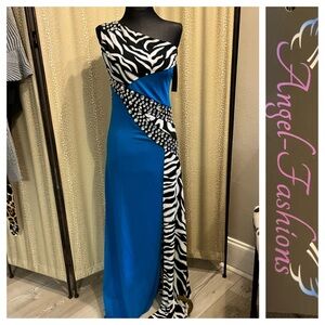 Long Teal Blue & Zebra Studded One Shoulder Formal Dress